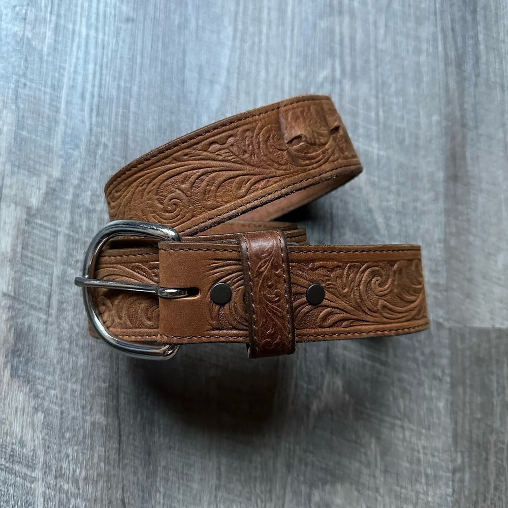Justin Men's Brown Western Scroll Tooled Belt 53909 Size 38 Mens